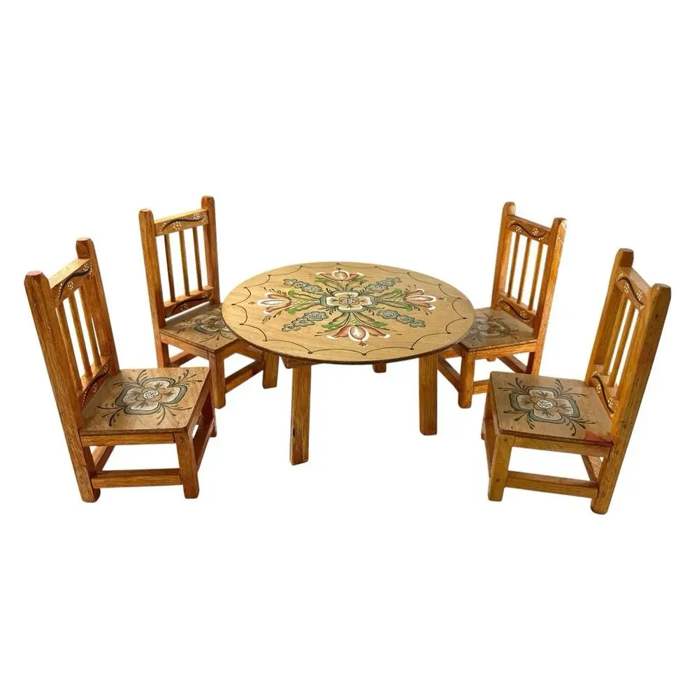 Vintage Handmade Hand Painted Folk Art Miniature Doll Table & 4 Chairs Wood Set
